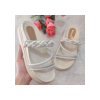 Sandália Papete Feminina Birken Enfeite Trançado De Strass Solado Alto Elegante OffWhite, Preto,Rosa