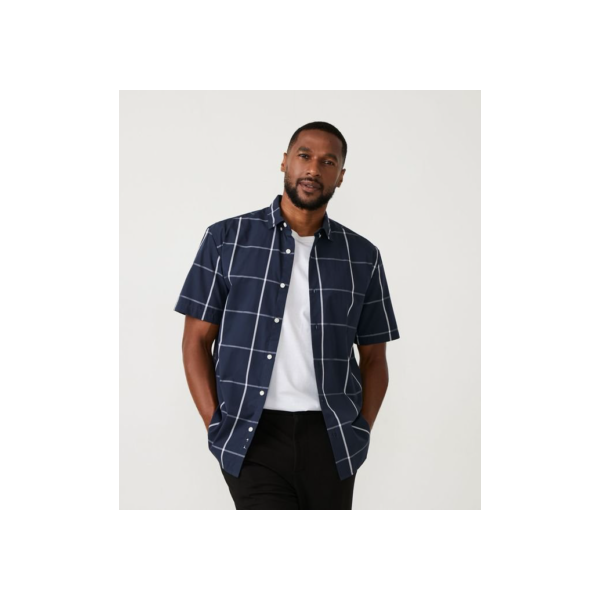 Camisa Comfort em Algodão com Estampa Xadrez e Manga Curta Azul