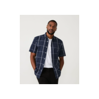 Camisa Comfort em Algodão com Estampa Xadrez e Manga Curta Azul