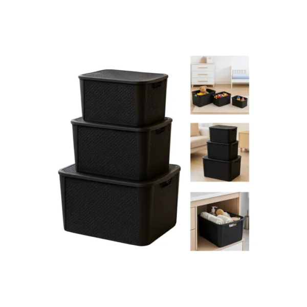 Kit 3 Caixas Organizadoras Rattan Preta Pequena Média Grande Cinza