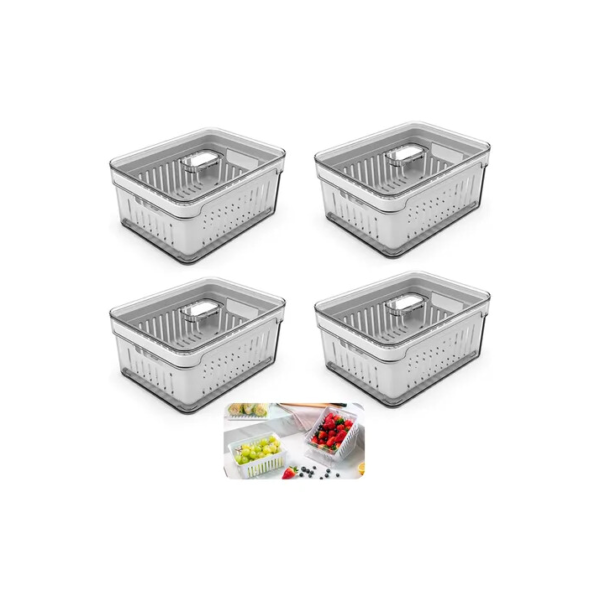 Kit 4 Organizadores Geladeira Armário Casa Cozinha Cesto Conservar Alimentos Verduras Frutas Plástico
