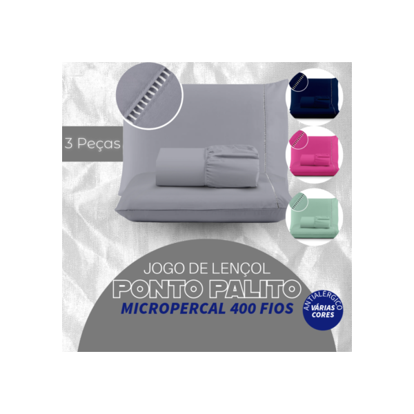Jogo de Cama Lençol 400 fios Micropercal 03 Peças Ponto Palito - Solteiro Casal Queen e King