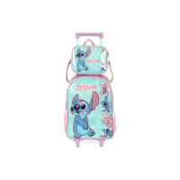 Kit Mochila Escolar De Rodinhas E Lancheira Infantil Stitch Disney Verde Água E Rosa Luxcel