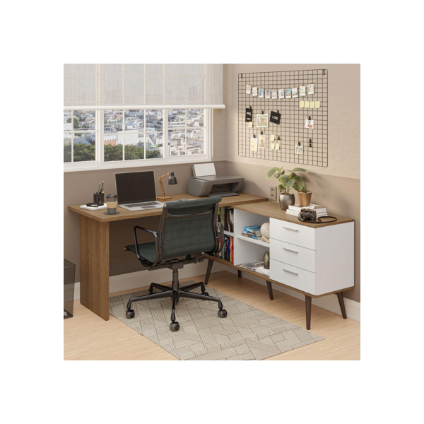 Escrivaninha Mesa de Escritório de Canto 3 Gavetas Branco/Rustic Lisboa Madesa