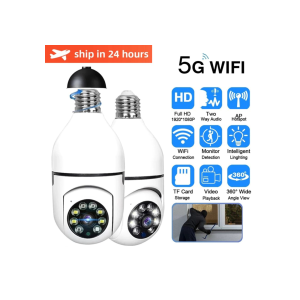 Câmera de Vigilância Bulbo com Visão Noturna, 5G, WiFi, E27, 2MP,Rastreamento Humano Automático, Zoom Digital 4X Vídeo, Smart Home Security Monitor