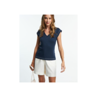 Blusa sem Manga em Viscose com Decote V Pespontada Azul Marinho