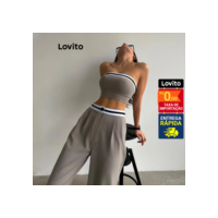 Lovito Conjunto Feminino Casual Top e Calça com Elástico Contrastante LNL42158