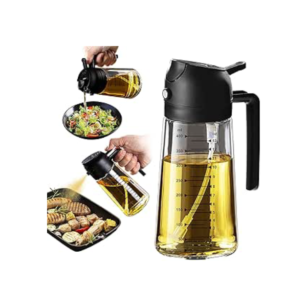 TrendPlain Pulverizador de azeite de oliva de vidro de 470 ml para cozinhar – Frasco dispensador de azeite 2 em 1 para utensílios de cozinha e acessórios de fritadeira de ar, salada, churrasco - preto