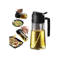 TrendPlain Pulverizador de azeite de oliva de vidro de 470 ml para cozinhar – Frasco dispensador de azeite 2 em 1 para utensílios de cozinha e acessórios de fritadeira de ar, salada, churrasco - preto