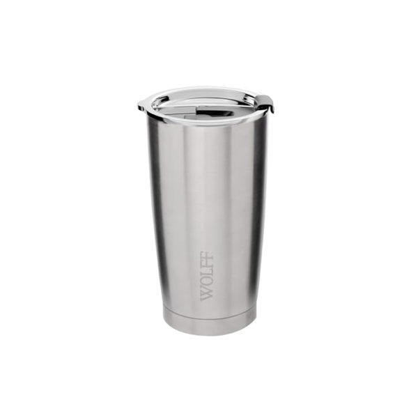 WOLFF - Copo Térmico de Aço Inox Parede Dupla Com Tampa 600ml Prata - Para Viagem - Mantém a Bebida na Temperatura Ideal