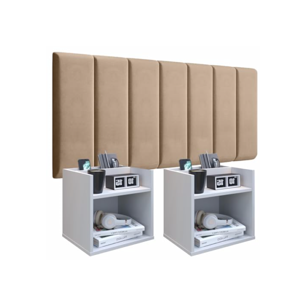 Conjunto Cabeceira Casal Modulada 140cm com Kit de Mesa de Cabeceira Suspenso com Porta Celular (Bege - Branco)