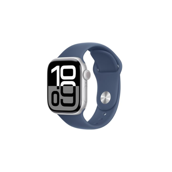 Apple Watch Series 10 GPS • Caixa prateada de alumínio – 42 mm • Pulseira esportiva denim – P/M