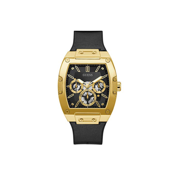 GUESS Relógio masculino Trend Multifuncional de 43 mm – Mostrador preto e dourado com estojo de policarbonato dourado e pulseira de couro/silicone flexível, Preto/dourado, ONE