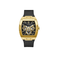 GUESS Relógio masculino Trend Multifuncional de 43 mm – Mostrador preto e dourado com estojo de policarbonato dourado e pulseira de couro/silicone flexível, Preto/dourado, ONE