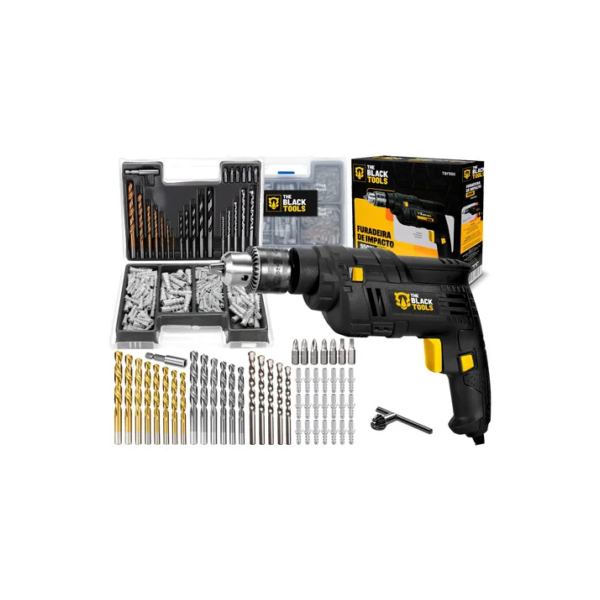Furadeira De Impacto 550w 3/8 10mm The Black Tools Com Kit 300 Peças Brocas E Buchas