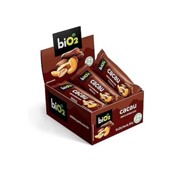 Barra de Castanhas e Frutas biO2 Nuts Cacau, Caixa com 12 unidades de 25 g, Vegana e sem Glúten
