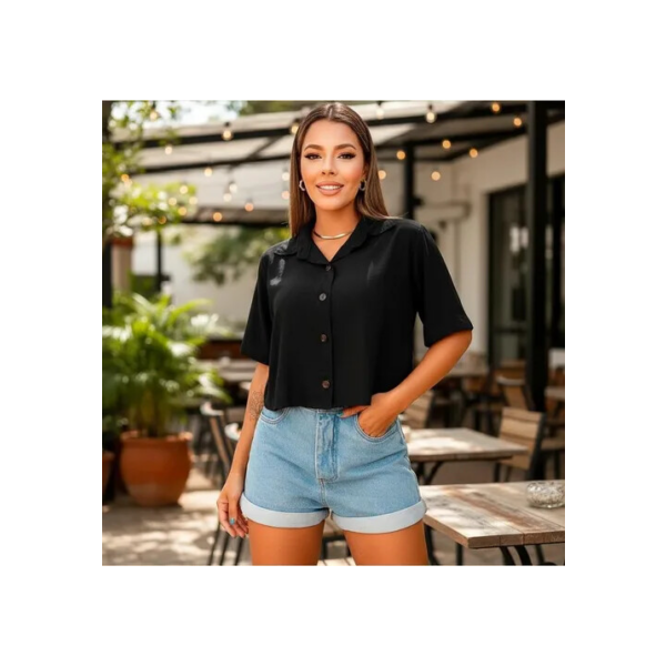 Blusinha Feminina Camisa Social Cropped Botões Manga Curta