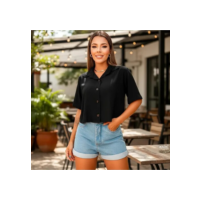 Blusinha Feminina Camisa Social Cropped Botões Manga Curta