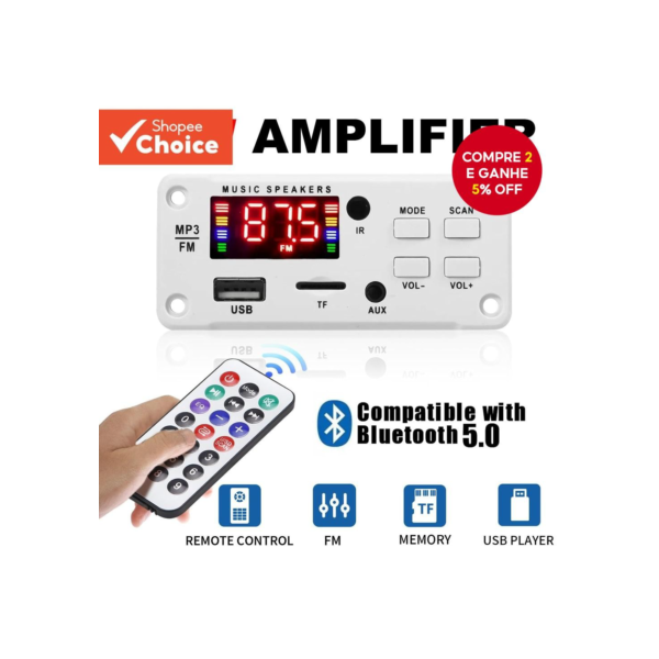Amplificador DC 12V 50W Bluetooth 5.0 MP3 Leitor Para Carro com USB e Gravação de Chamadas