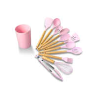 Kit C/12 Utensílios De Cozinha Silicone Cabo Madeira