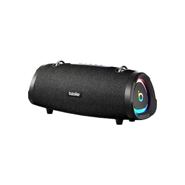 Basike Caixa de Som Bluetooth Portátil 100W RMS (Pico 160W), TWS Estéreo Hi-Fi, Bluetooth 5.3, Microfone, RGB, Modos EQ, IPX6, 12h de Bateria para Casa, Festa e Uso Externo – Preto