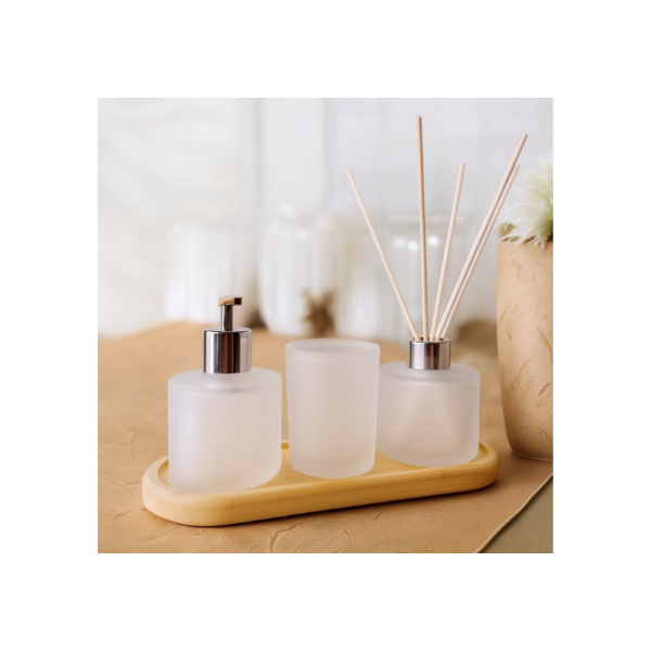 Kit Lavabo Luxo +Porta Sabonete + Copo Multiuso + Bandeja de Madeira Pinus / Sem essencia