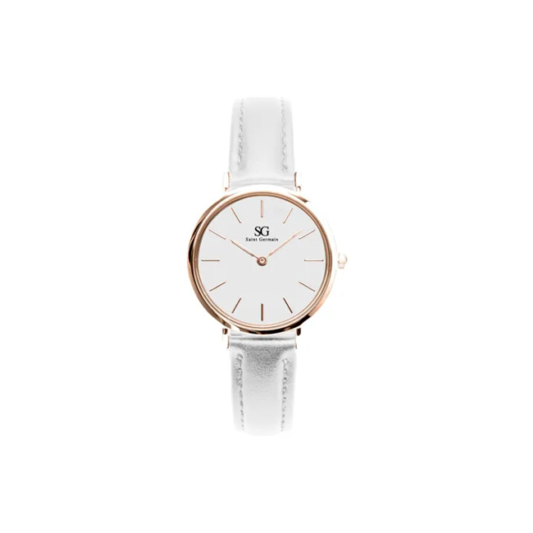 Relógio Feminino Saint Germain de Couro Branco Dourado Rosé Queens Rosé Gold 32mm Fundo Branco