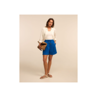 Short Longo em Sarja com Pregas e Amarração com Miçangas Azul