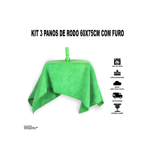 Kit 3 Panos de Chão Microfibra 70x60cm Furo para Rodo Dupla Camada