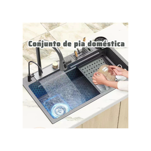 Kit Cuba Cozinha Gourmet Aço Inox C/ Torneira Flexível Preto 75x45x20 cm