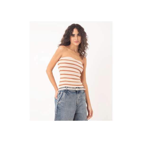 blusa de tricot sem alça listrado areia