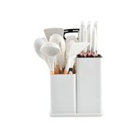 Utensilios para Cozinha Silicone Kit com 19 Peças Cabo Madeira Conjunto Completo Espátula Concha Colher Jogo Suporte Faca Antiaderente Tabua Tesoura Faqueiro (BRANCO)