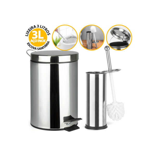 Kit de Banheiro Lixeira de Aço Inox Cesto De Lixo 3 5 Litros 100% C/Pedal + Escova Sanitária Suporte Privada Sanitário