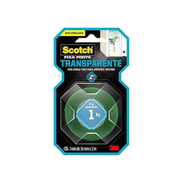 Scotch, 3M, Fixa Forte, Fita Dupla Face, Transparente, 24mm x 2m