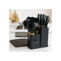 Conjunto 19 Peças Utensílios de Cozinha Silicone Resistente Antiaderente Colheres Espátulas Conchas Pincel Fouet Facas Jogo Cor Preto Ponte Lar Utilidades