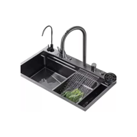 Pia de Cozinha Tipo Cascata de Aço Inoxidável Preto com Estação de Trabalho, Torneira Retrátil e Conjunto Completo de Acessórios Cuba de Aço Inox Polido