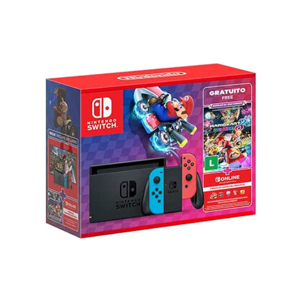 Nintendo, Console + Jogo, Switch Azul e Vermelho, Jogo Digital Mario Kart 8 Deluxe, 3 Meses de Assinatura Nintendo Switch Online