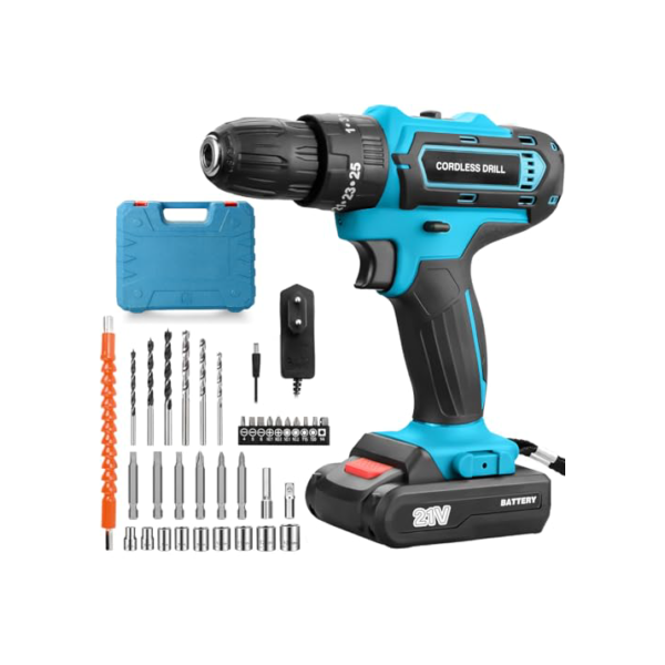 Parafusadeira e Furadeira à Bateria 21V com 2 Baterias e Carregador, 2 Velocidades Variáveis, Luzes LED, Kit de 25 Acessórios e Maleta, Conjunto Completo para Perfuração e Parafusamento, Azul