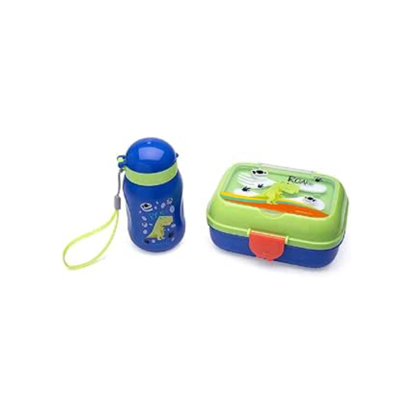 Kit Lanche Dino Garrafa Plástica 500ml + Marmita 700ml - Caixa C/ 1 Kit Leoeleo