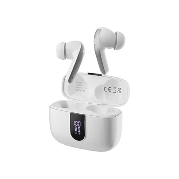 Basike Fone de Ouvido Sem Fio Bluetooth, 40H de Reprodução com Display LED, Intra-Auricular, Cancelamento de Ruído, IPX5, 3 Tamanhos Tampões Ouvido Intercambiáveis, Som Estéreo (Branco)