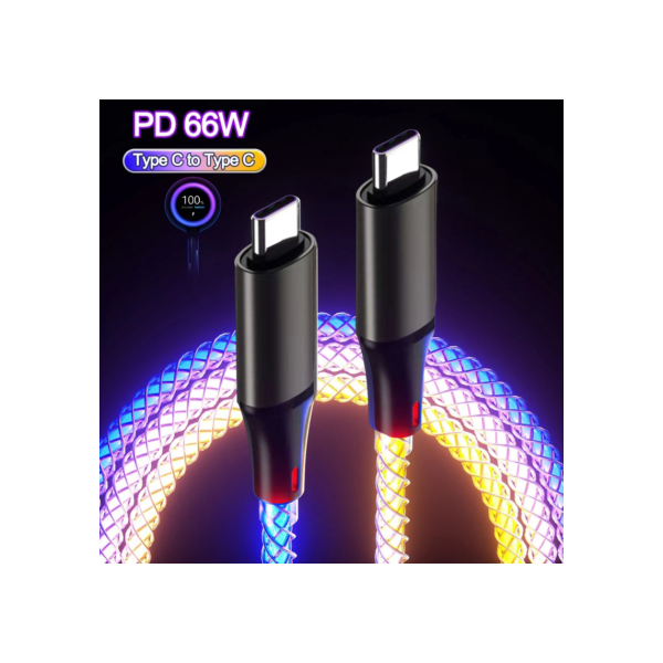 Cabo de dados RGB de carregamento rápido, luz gradiente luminosa, TYPE-C carregador para iPhone 15 Pro, Huawei, Samsung, 66W, 6A