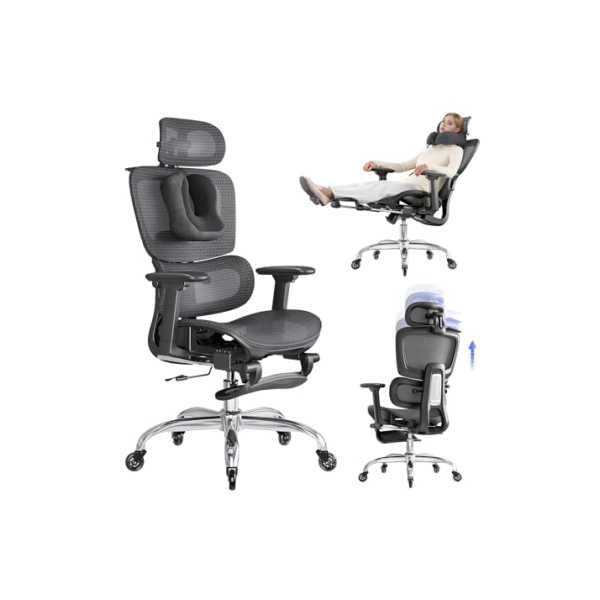 LarkLeaves Cadeira de Escritório com Descanso para os Pés, Cadeira Ergonômica com Travesseiro para Pescoço e Rodas de Borracha, Cadeira Gamer com Encosto Ajustável e Apoios de Braço 3D, Preto