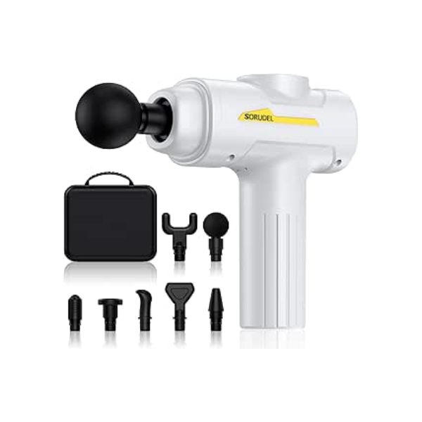 SORUDEL Pistola de massagem, tecido profundo para alívio da dor com 7 cabeças de massagem e 6 velocidades e estojo de transporte (branca)