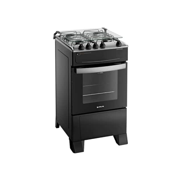 Fogão 4 Bocas Preto com Mesa Inox Atlas Atenas Bivolt