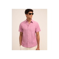 Camisa Regular Texturizada com Linho e Bolso Rosa