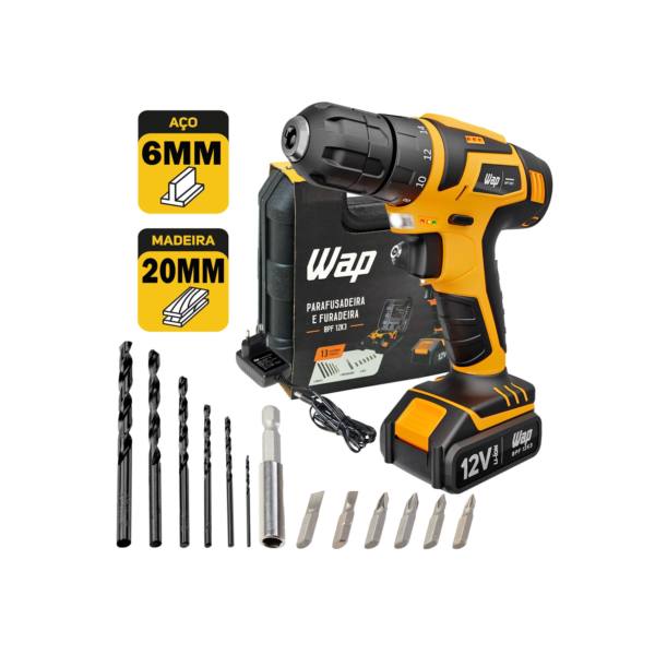 Parafusadeira Furadeira Sem Fio 12V Com Maleta Brocas e Acessórios BPF 12K3 Wap
