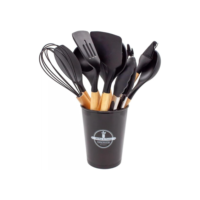 Jogo de Cozinha Kit C/12 Peças Utensílios de  cozinha e Cabo de Madeira Antiaderentes