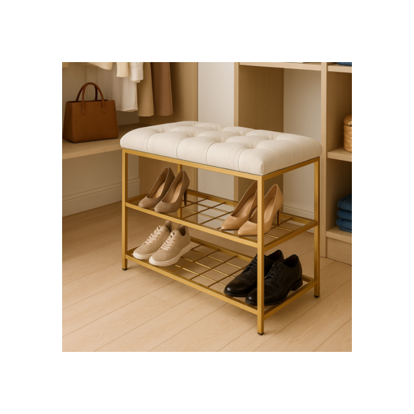 Sapateira Banco 2 Andares Metal Dourado c/ Estofado Veludo 47x30x60cm