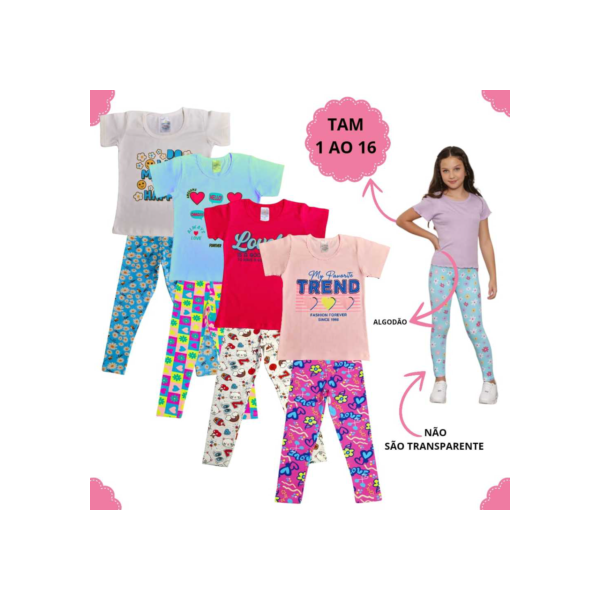 8 Peças Kit Roupa Infantil Menina Conjunto Infantil Feminino 4 Legging e 4 Camiseta Regata 1 ao 16