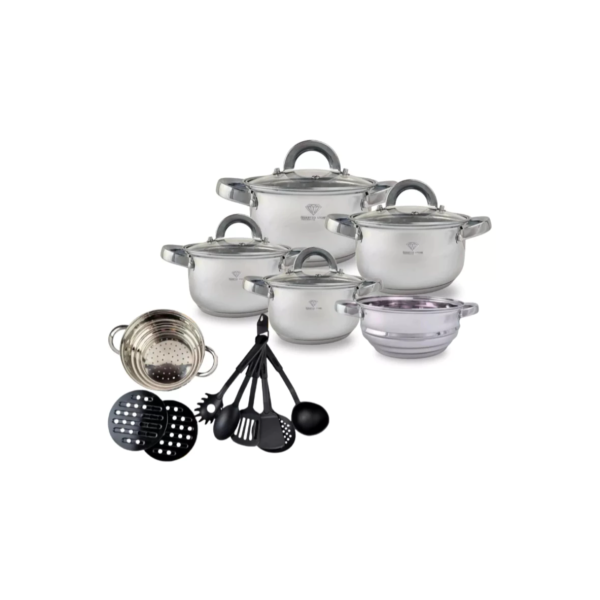 Jogo de Panelas 19 Peças Aço Inox Original + Acessórios com Fundo 3 Camadas Indução e Gás